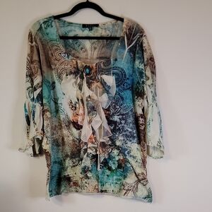 B.LEU. Artistic Blue and Brown Blouse